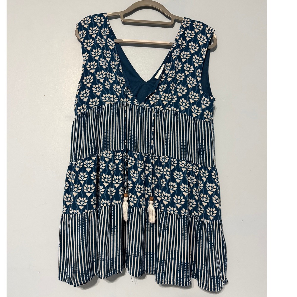 Goa Beachwear by Japna L Blue White Floral Striped Tiered Tassel Tunic Top 2221